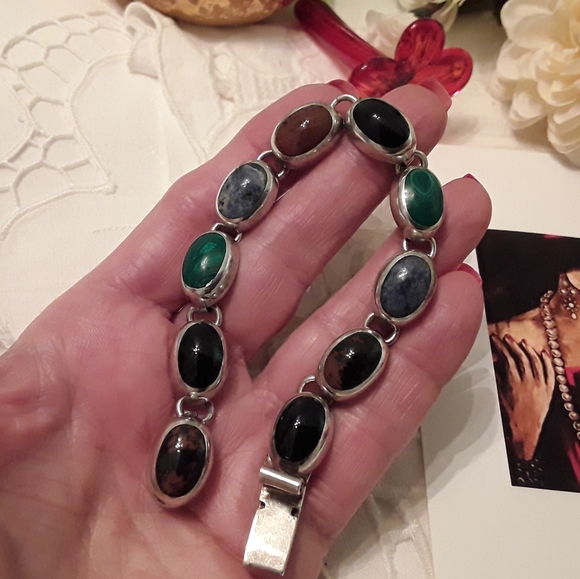 VTG. 925 SOLID STERLING MULTI-GEMSTONE BRACELET 8" - Picture 2 of 8